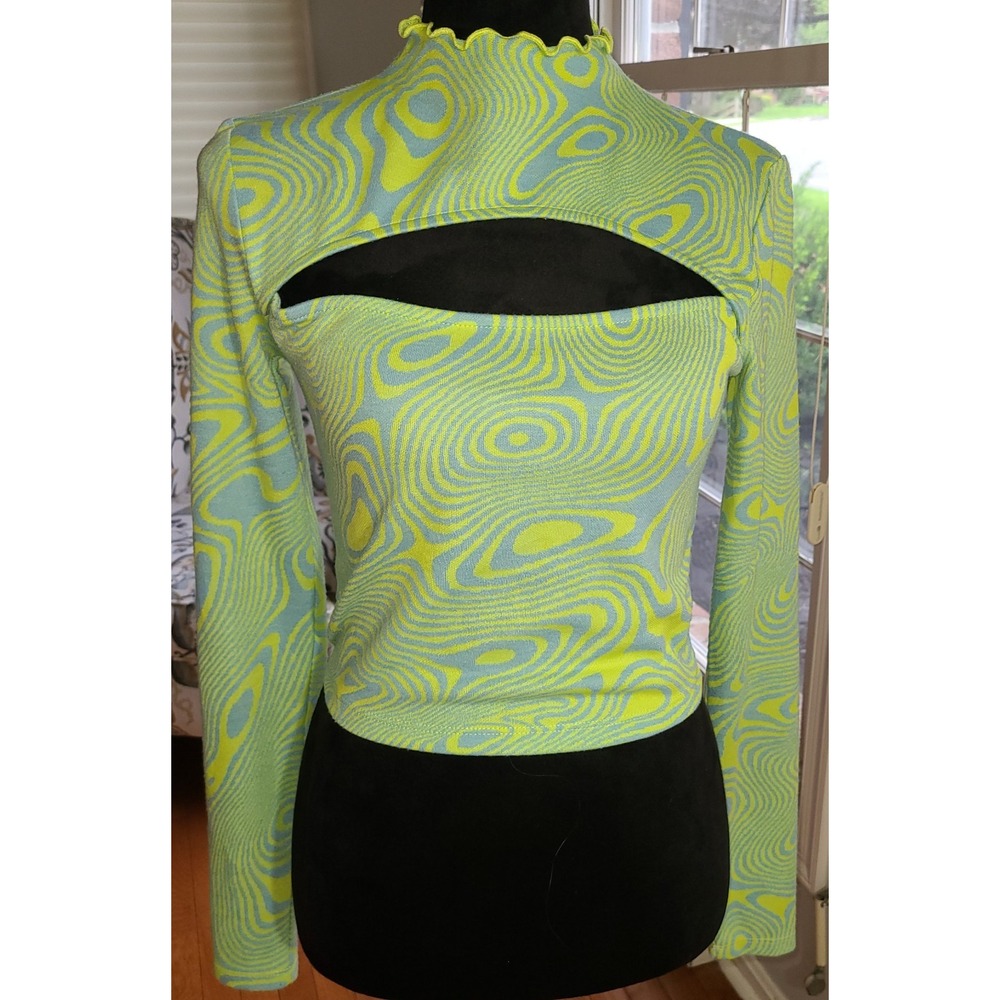Bershka Green Groovy Crop Mock Neck Open Chest Long Sleeve Swirl Pattern Med